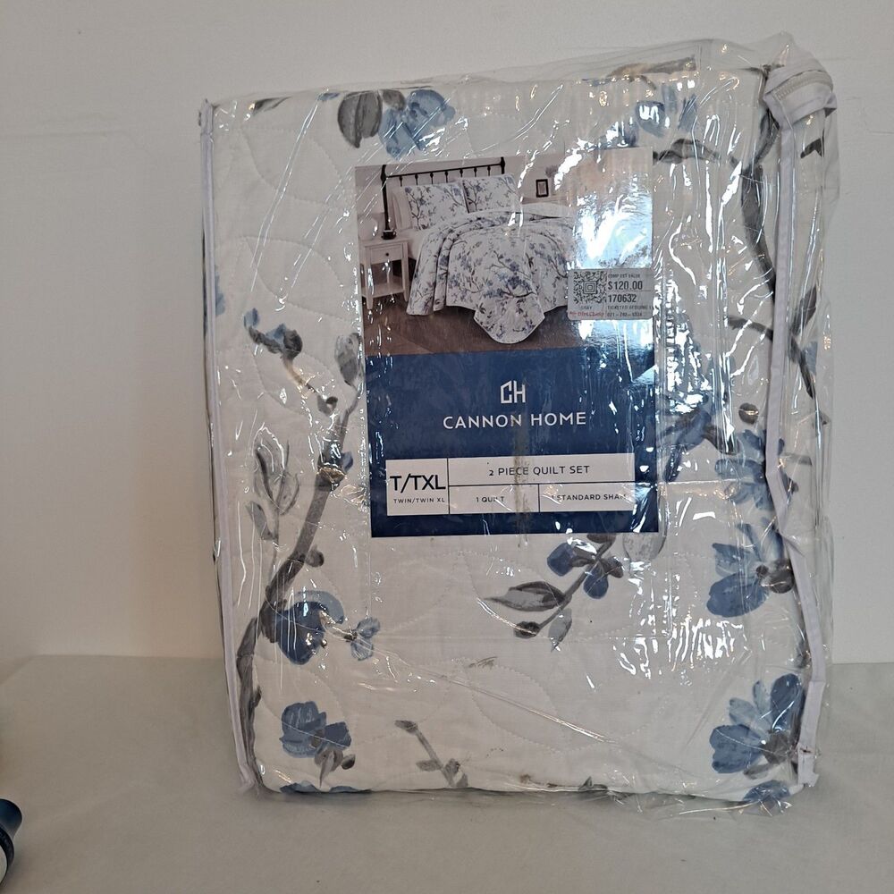 Cannon Home 2-Piece Quilt Set in Twin/Twin XL Blue Floral 68" X 90" OPEN BOX